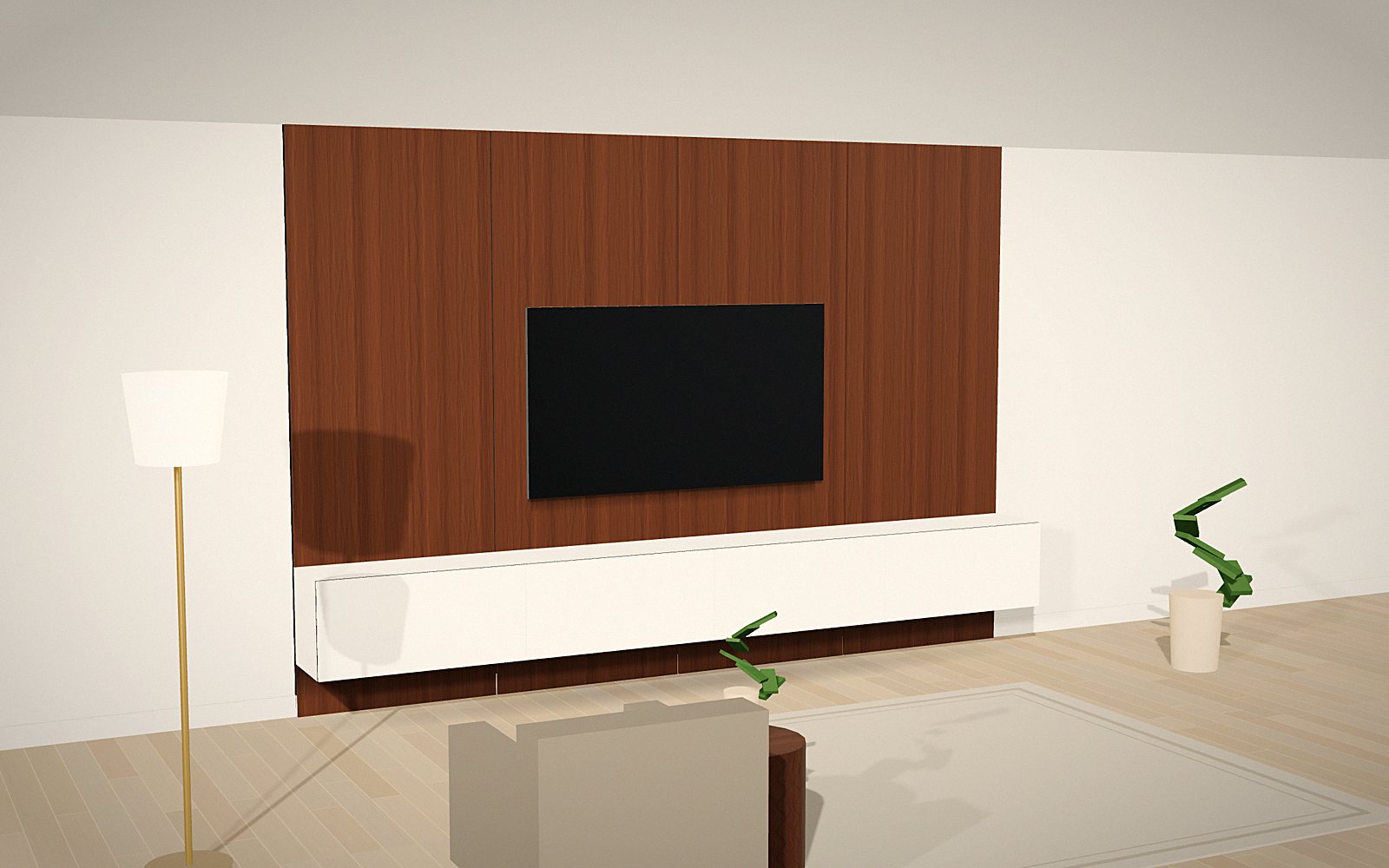 Walnut and white: 3D rendering of a Media Wall Worx design